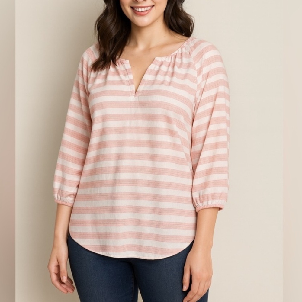 Gap Pink & White Striped Peasant Blouse Women’s Size M‎ 3/4 Sleeve